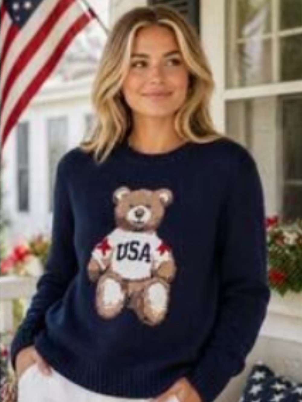 Mighty Fine NWT L Navy BLUE Teddy Bear USA Knit Sweater
